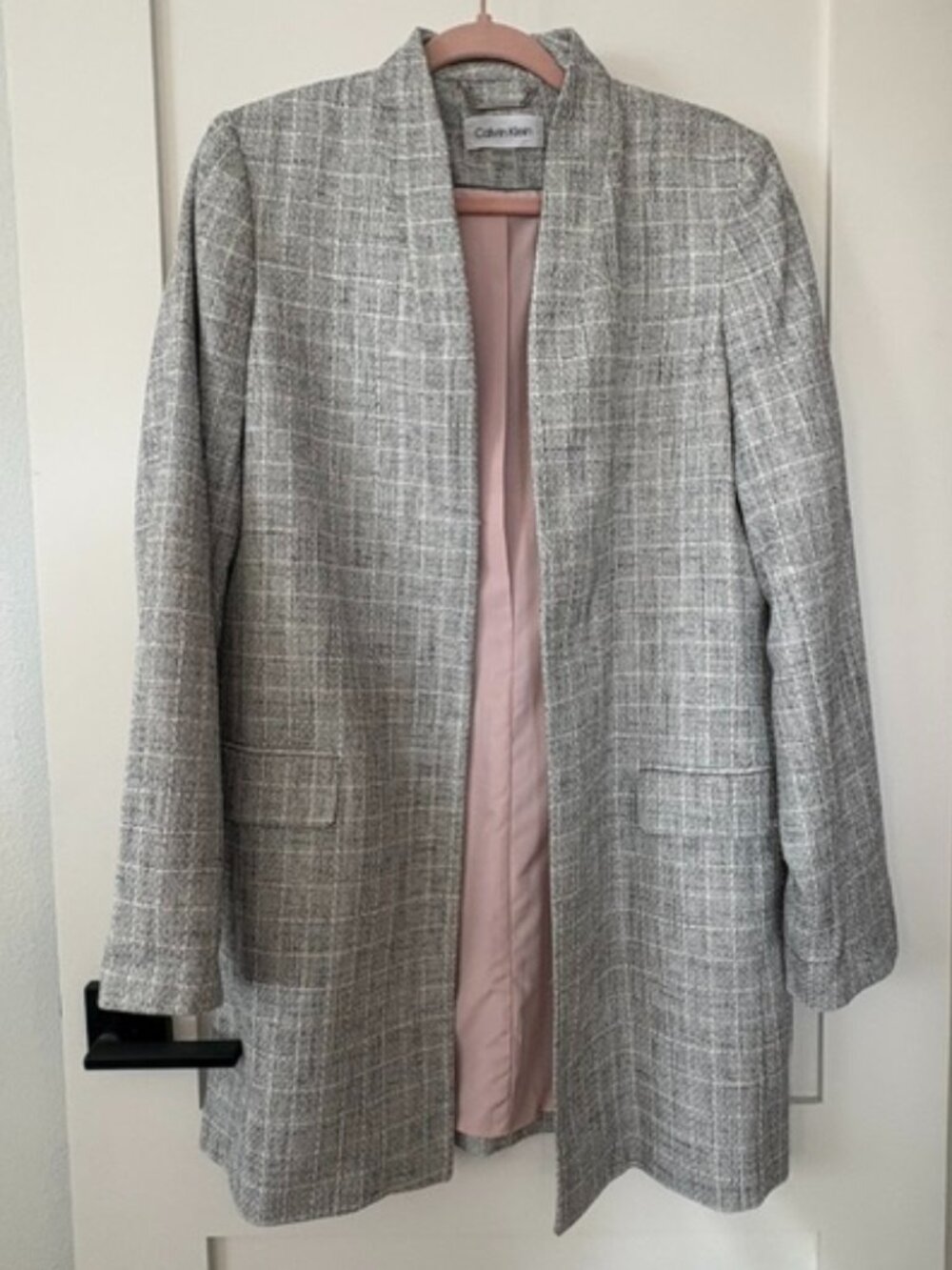 Calvin Klein Gray Tweed Longline Open Front Blazer Jacket Size 12